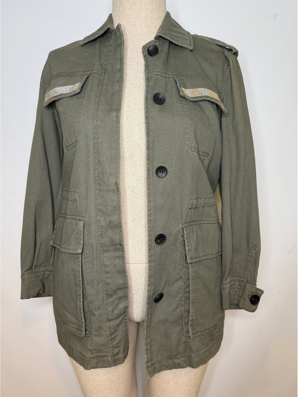 ZARA Combination Shiny Trim Utility Jacket Khaki Green Size S